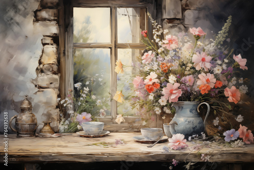 Serene setting with an old window, wildflowers, teapot, and cups on a wooden sill