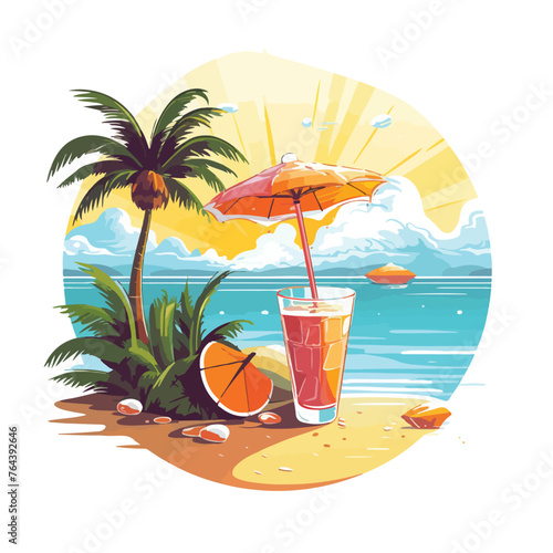 Beach landscape with parasol with coconut drink and