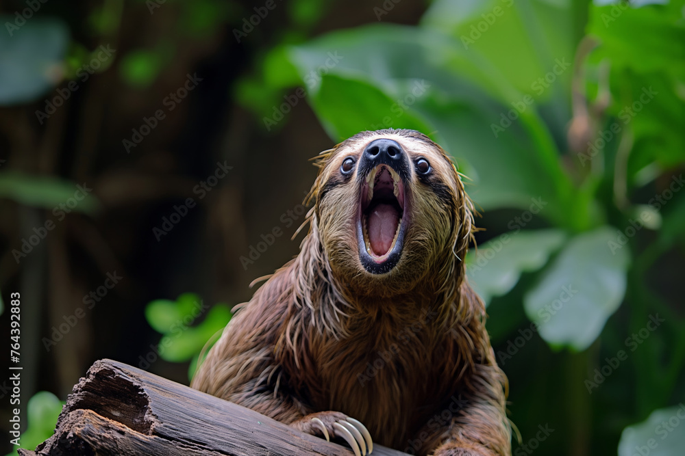 Naklejka premium Captivating Portrait of a Yawning Sloth in its Natural Rainforest Habitat