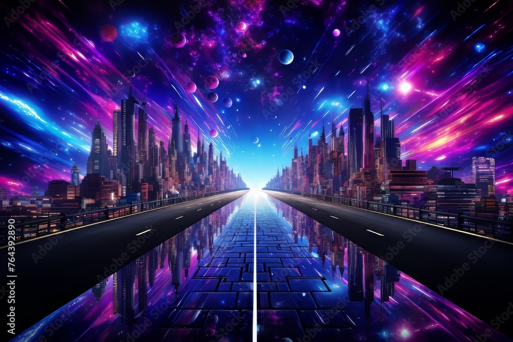 Twilight in cyberpunk metropolis  neon lit skyscrapers and bustling streets in futuristic cityscape