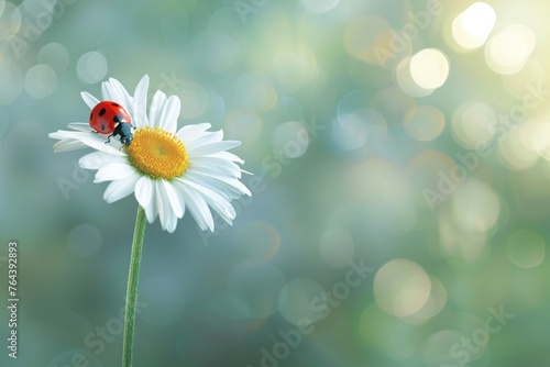 Daisy with ladybug on sunny background