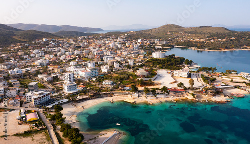 High angle view of Ksamil, village on shore of Ionian Sea in Albanian Riviera. photo