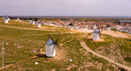 Bird's eye view of windmills on field at Campo de Criptana, Spain. photo