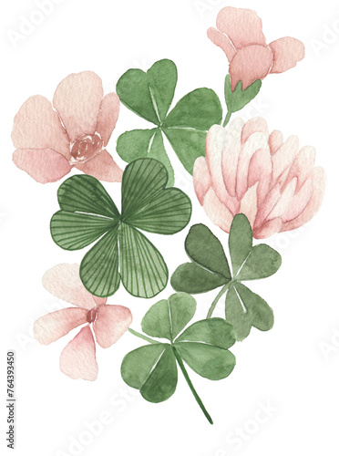 Watercolor Clover Bouquet Hand-painted Clover Leaf and Floral Illustration