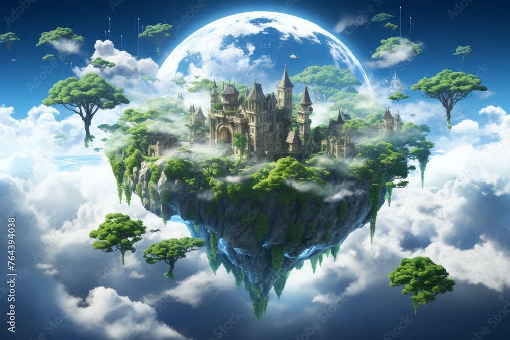 Fantasy sky islands  cascading waterfalls, floating rocks, vibrant green and sky blue colors