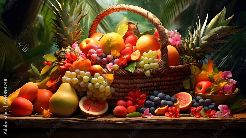 A cornucopia of tropical fruits spills from a woven basket.