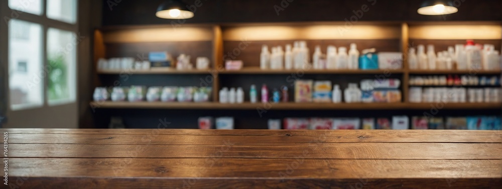 Wooden table top with copy space with blurred pharmacy shop background Wooden table top with copy space with blurred pharmacy shop background