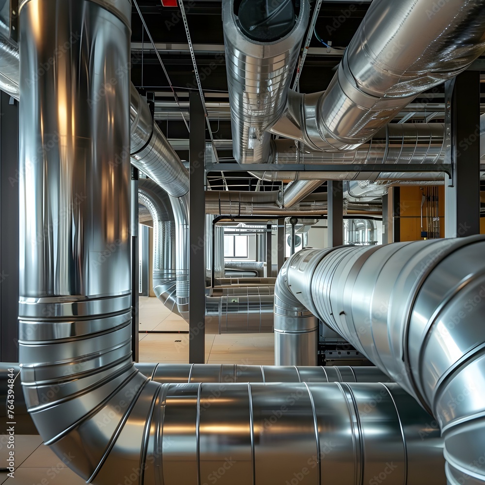 Installation of HVAC system in industrial building showing pipes and equipment for heating cooling and air circulation. Concept HVAC Installation, Industrial Building, Pipes and Equipment - obrazy, fototapety, plakaty 