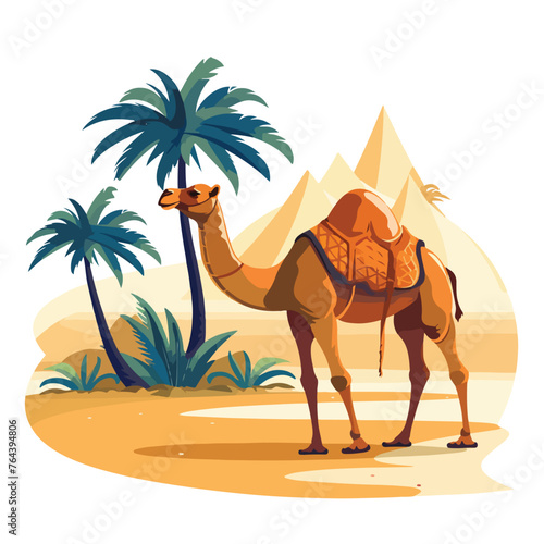Camel in desert with palm tree cartoon isolated vec © Hyper