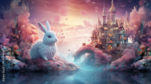 "Enchanting Easter Bunnies in Dreamy Fantasy Art: Whimsical Illustration with Magical Touches. Easter Bunny Day."