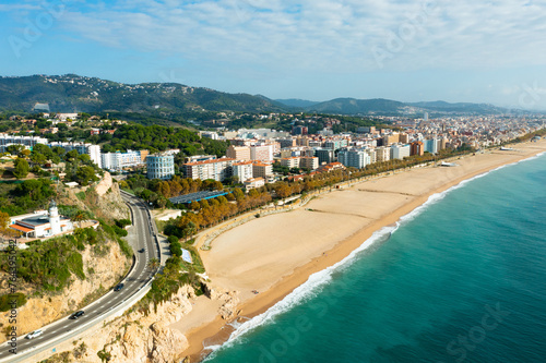 Aerial panoramic view from drone of Calella city in el Maresme  Catalonia  Spain