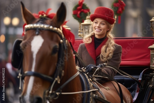 Festive horse-drawn carriage ride with a focus on a woman wearing horseshoe-shaped earrings.