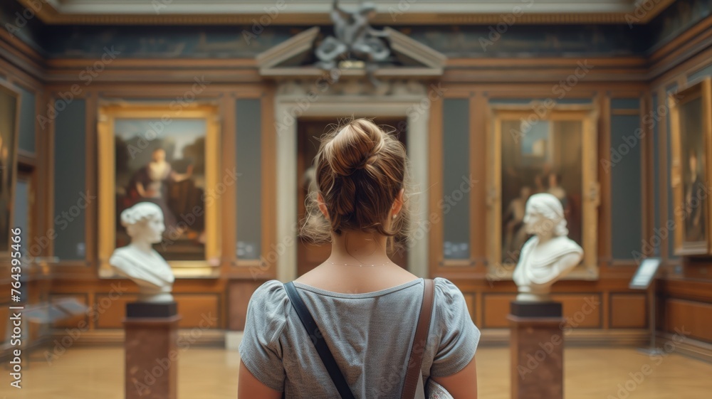 A young woman admiring art in a museum