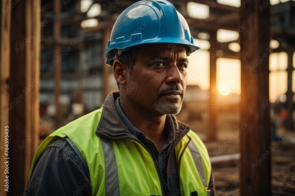 engineer looks forward in protective helmet and safety suit with building construction in the background engineer looks forward in protective helmet and safety suit with building construction in the background