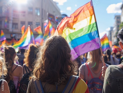 A large crowd of people are holding rainbow flags and walking down a street
