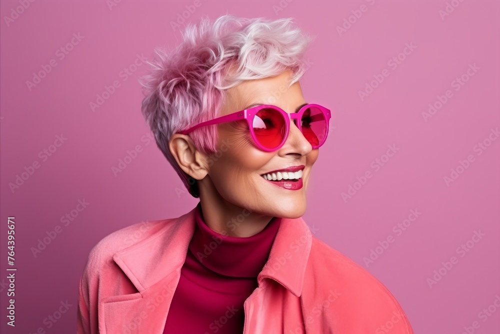 Portrait of a beautiful young woman with pink hair and sunglasses.