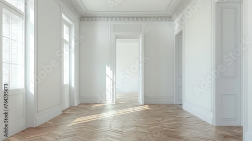 Empty white room with white walls and wooden parquet floor,