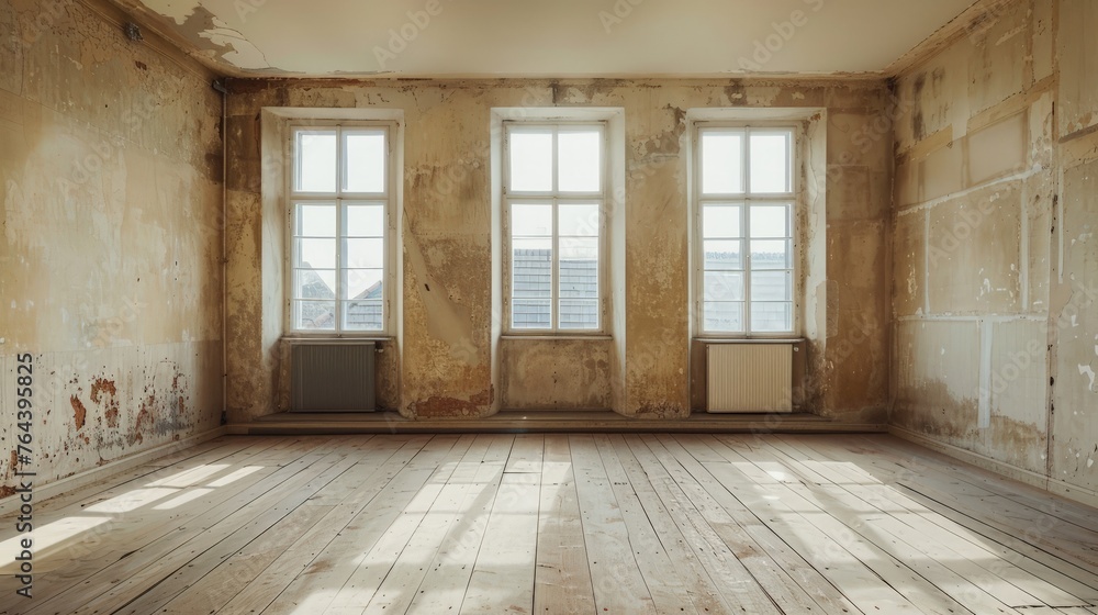 Interior of spacious empty old room with laminated floor with windows Interior of spacious empty old room with laminated floor with windows