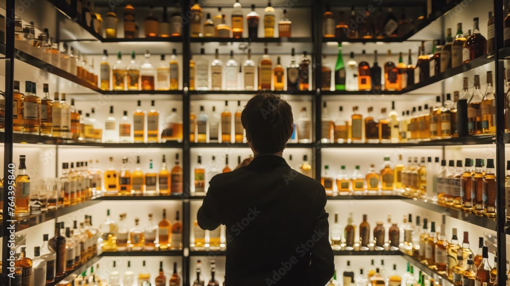 Silhouette of a man against illuminated shelves of diverse whiskey bottles