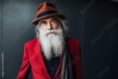 Portrait of senior man with long white beard and mustache wearing red coat and hat on dark background