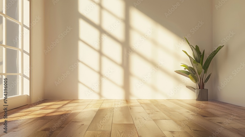 Mock up of empty room and wood laminate floor with sun light cast the shadow on the wall, Mock up of empty room and wood laminate floor with sun light cast the shadow on the wall,