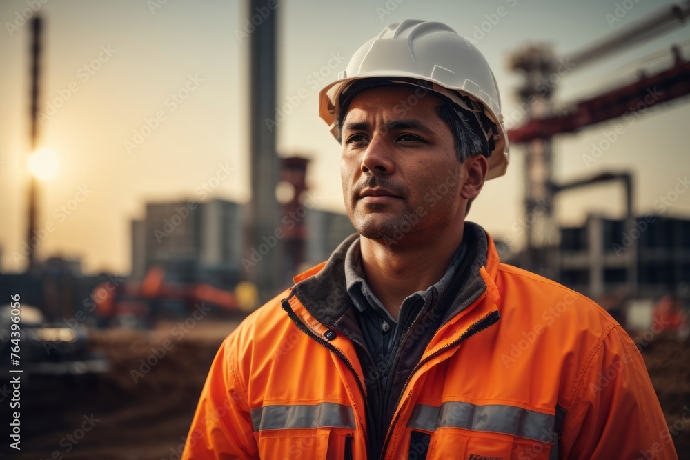 engineer wearing safety hat look toward construction site with building construction in the background engineer wearing safety hat look toward construction site with building construction in the background