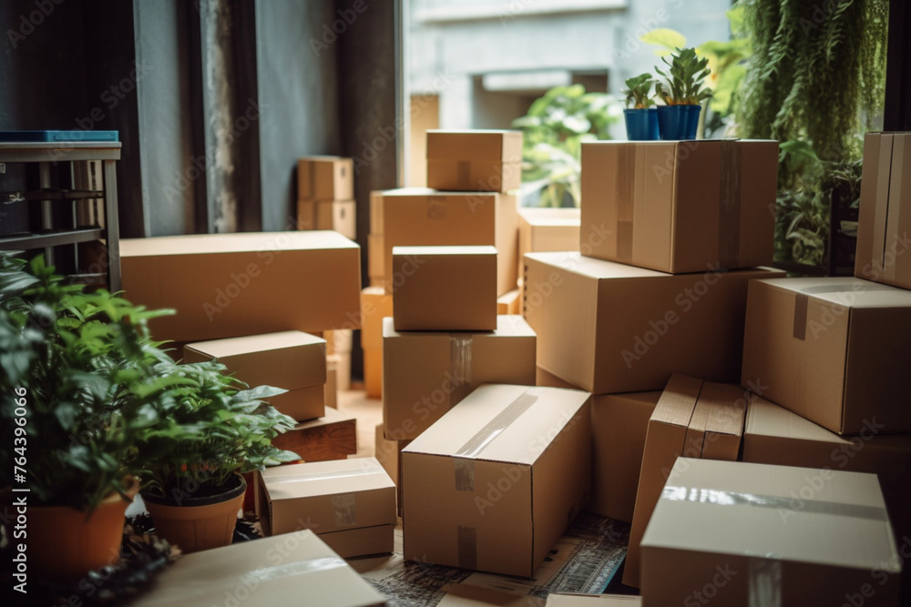 close-up of living home with cardboard boxes close-up of living home with cardboard boxes