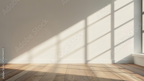 Mock up of empty room and wood laminate floor with sun light cast the shadow on the wall, photo