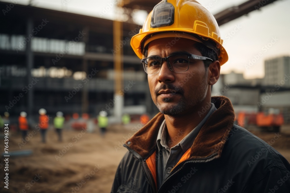 engineer wearing safety hat look toward construction site with building construction in the background engineer wearing safety hat look toward construction site with building construction in the background