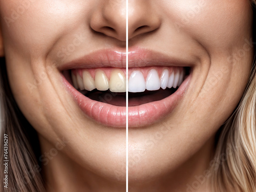 Banner of smile with dental whitening  comparision before and after close up radiant smile evolution transformation  girl smiling with whiten teeh
