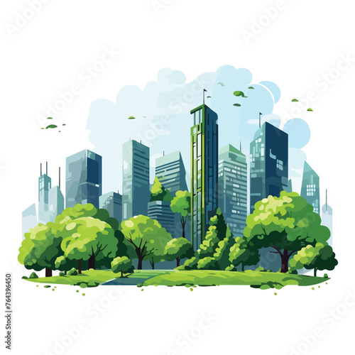 City with buildings and nature urban scenery at sun