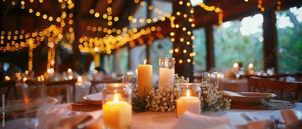 A beautifully decorated wedding reception hall with fairy lights candles
