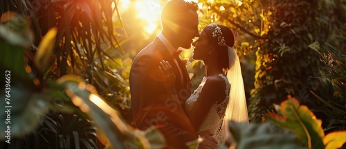 A Bride and groom share a tender moment amidst a stunning sunset nature scene on their wedding day