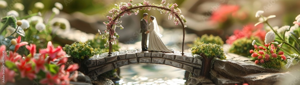 A Miniature wedding figurines of a bride and groom stand under a floral arch on a charming little bridge - obrazy, fototapety, plakaty 