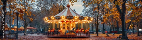 A nostalgic carousel with colorful horses stands in an autumn park at dusk