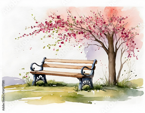 Watercolor painting of park bench under a blooming tree, serene natural setting, AI illustration