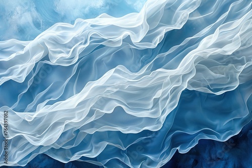 An abstract composition of white waves with a flowing texture on a soft blue background