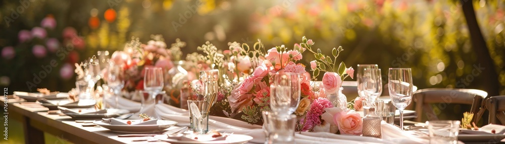 An outdoor wedding table is beautifully set with elegant dishware and adorned with a lush display of pink flowers creating a warm