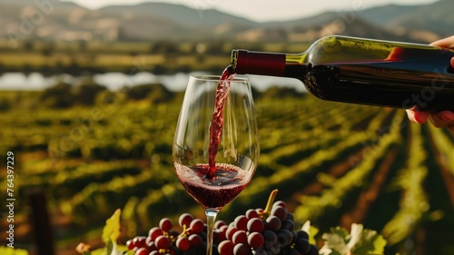 Red wine flows into a glass against the scenic backdrop of a sunlit vineyard