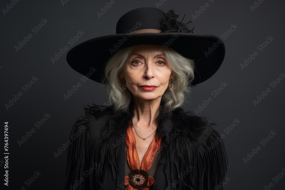 Portrait of beautiful senior woman in black hat and coat. Studio shot. Portrait of beautiful senior woman in black hat and coat. Studio shot.