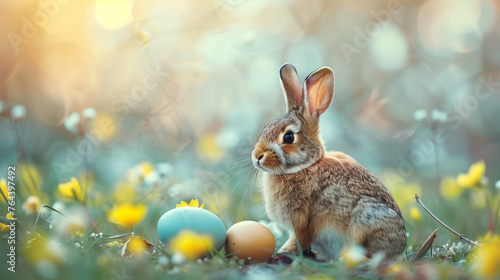A cute rabbit sits in lush green grass beside a collection of colorful Easter eggs, creating a whimsical and magical scene. Generative AI © Fokke Baarssen