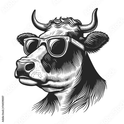 Stylish cow with sunglasses sketch engraving generative ai fictional character vector illustration. Scratch board imitation. Black and white image. T-shirt apparel design