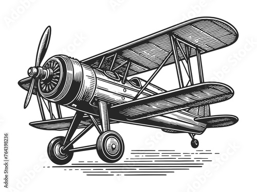 biplane vintage plane, reminiscent of early aviation history sketch engraving generative ai vector illustration. Scratch board imitation. Black and white image.