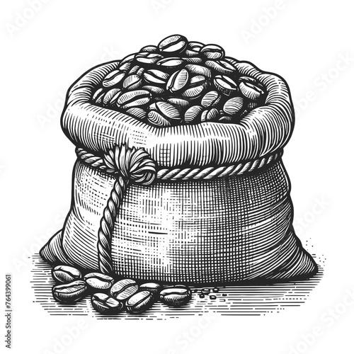 burlap sack bag coffee beans, a symbol of global trade and gourmet culture sketch engraving generative ai vector illustration. Scratch board imitation. Black and white image.