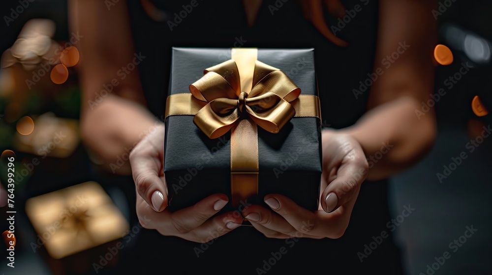 woman in a black shirt holds a gift with a gold ribbon black gift box in hand black friday concept - woman in a black shirt holds a gift with a gold ribbon black gift box in hand black friday concept -