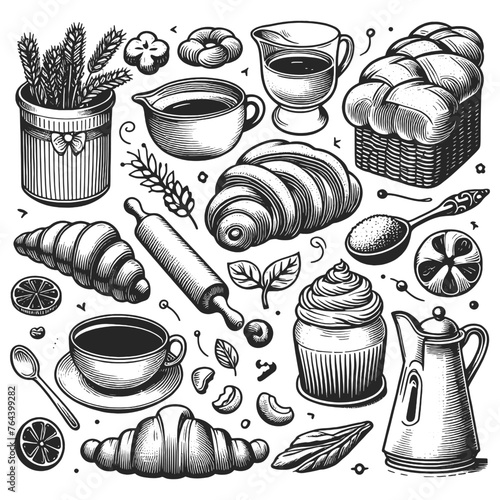 various bakery items and coffee accessories background, cafe theme sketch engraving generative ai fictional character vector illustration. Scratch board imitation. Black and white image.