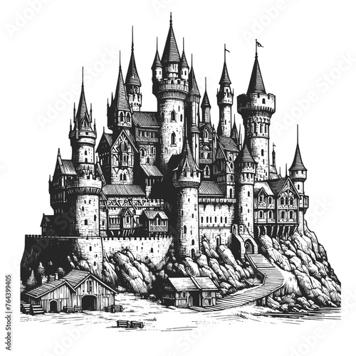 majestic medieval fantasy castle on rocky terrain sketch engraving generative ai fictional character vector illustration. Scratch board imitation. Black and white image.