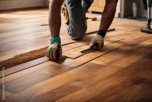 Construction workers repair and install new hardwood floor © free