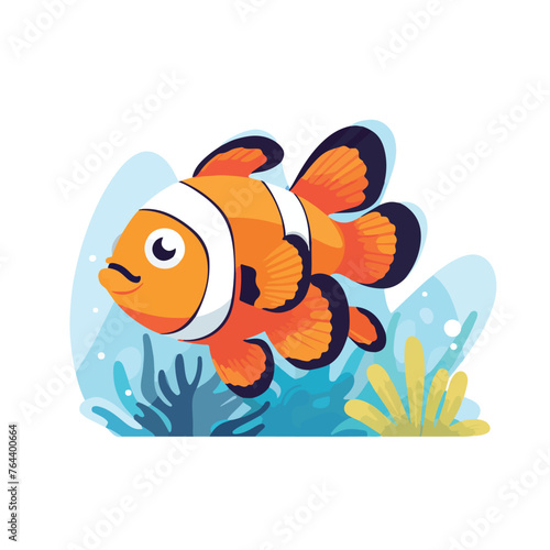Cute clown fish swimming in tropical reef icon isol