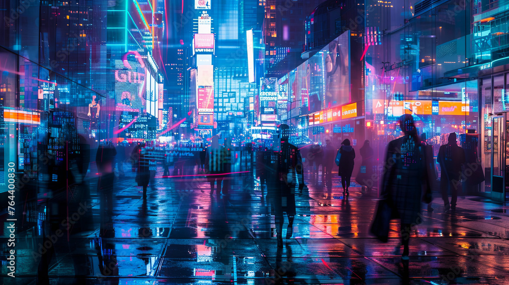 A dynamic and futuristic urban streetscape illuminated by vibrant neon lights, reflecting a bustling city life at night.